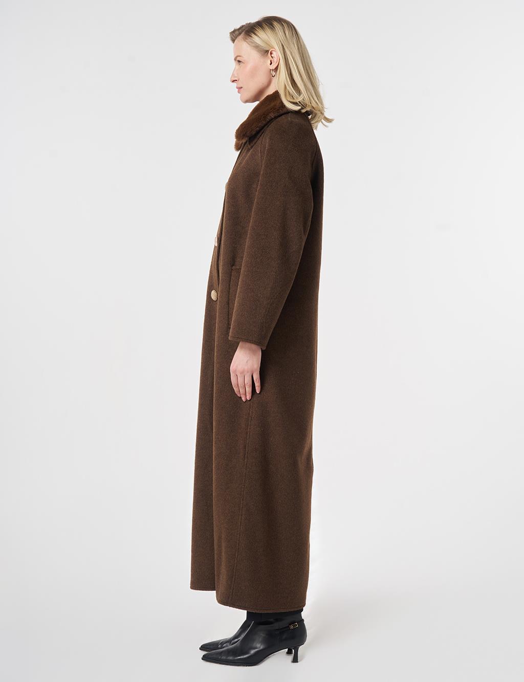 Long Wool Coat with Fur Collar Dark Brown
