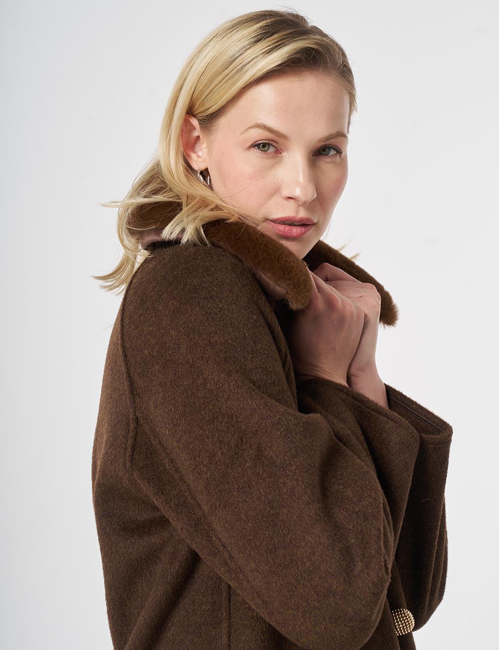 Long Wool Coat with Fur Collar Dark Brown