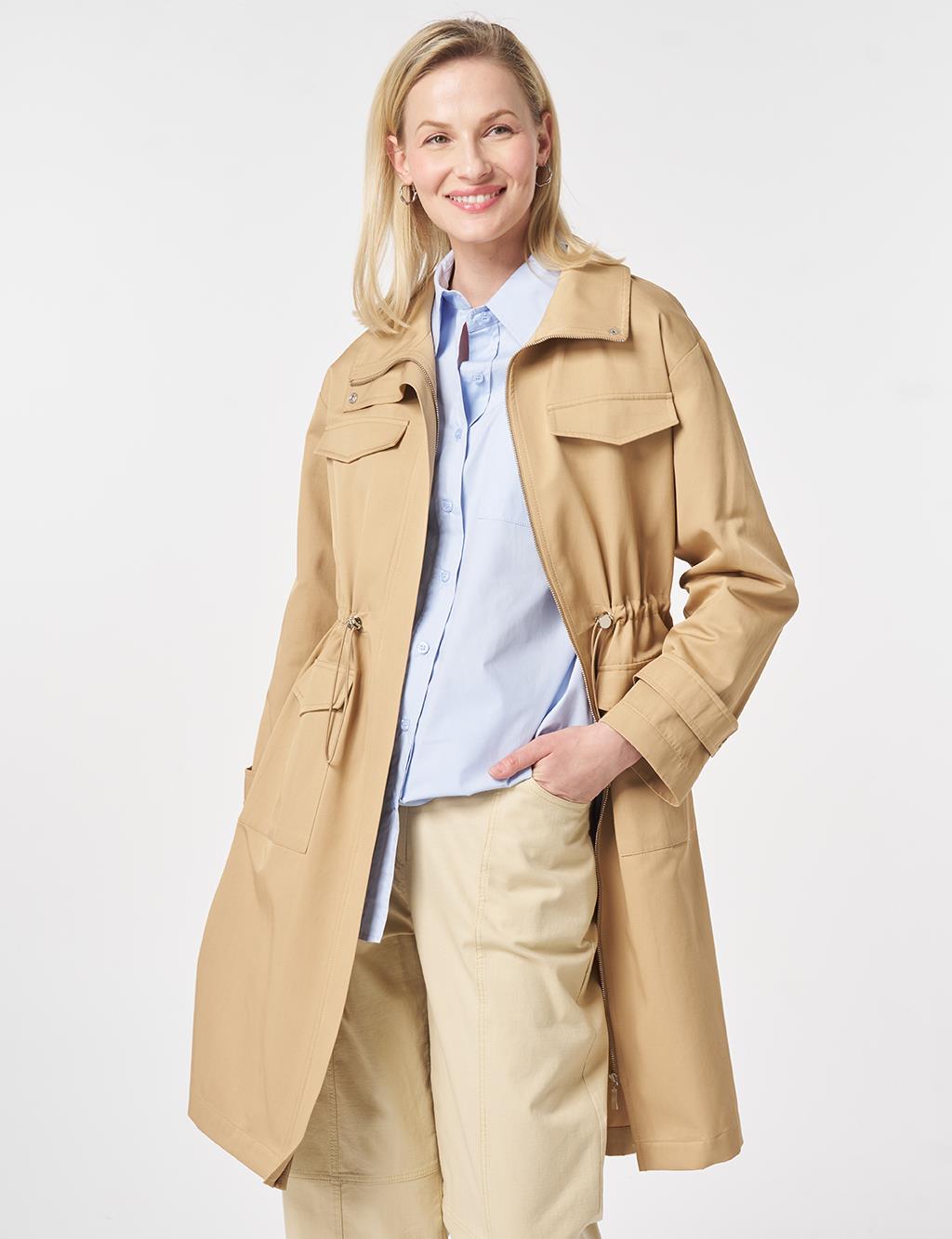 Stand Collar Flap-Pocket Detail Coat Beige