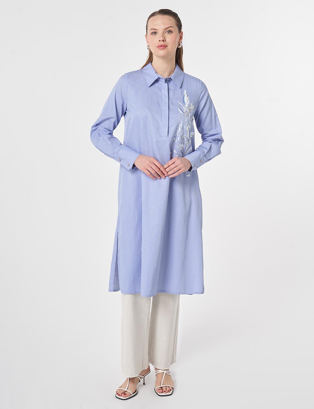 Beaded Embroidered Cotton Long Tunic Air Force Blue