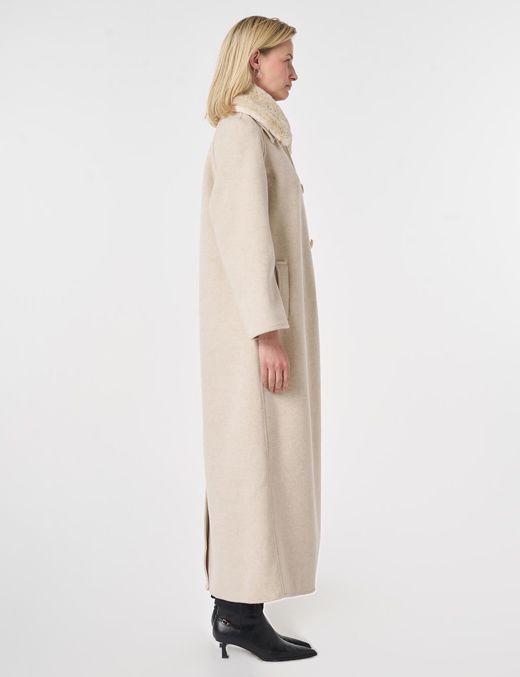 Long Wool Coat with Fur Collar Cream 