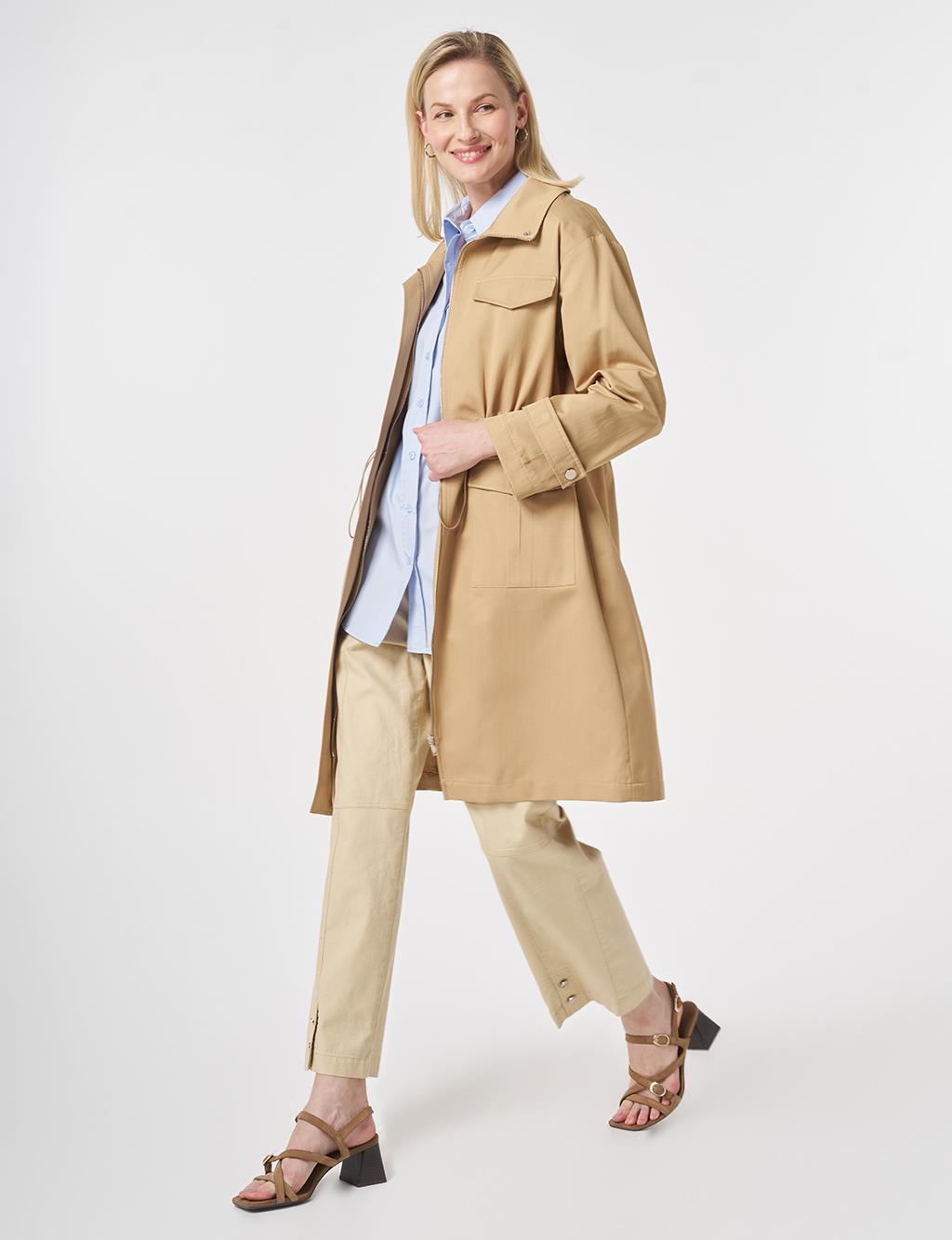Stand Collar Flap-Pocket Detail Coat Beige