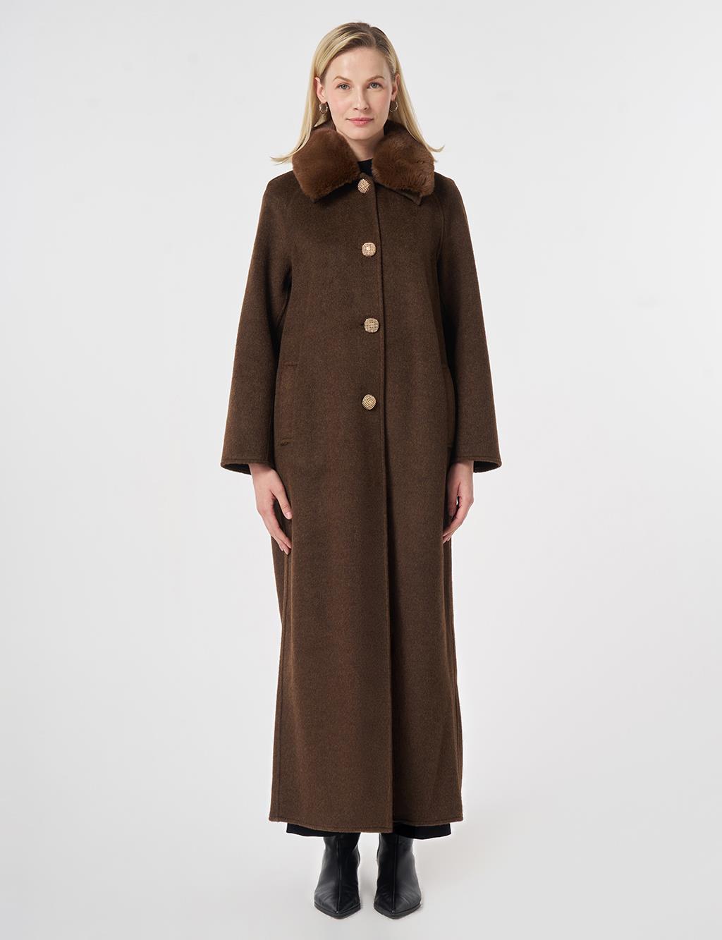 Long Wool Coat with Fur Collar Dark Brown
