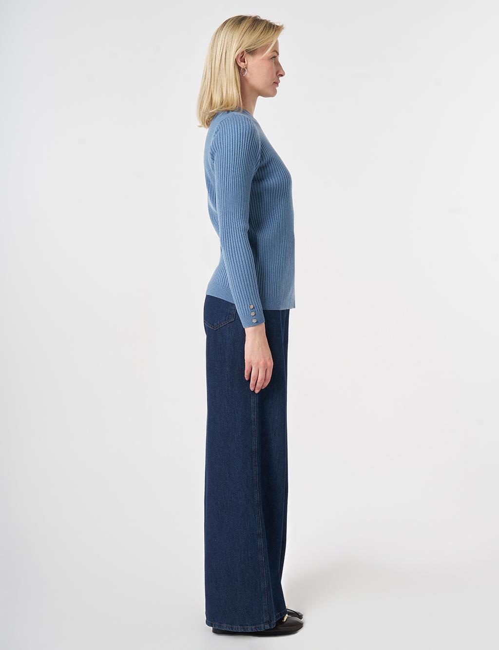 Zero Collar Ribbed Knitted Sweater Crown Blue