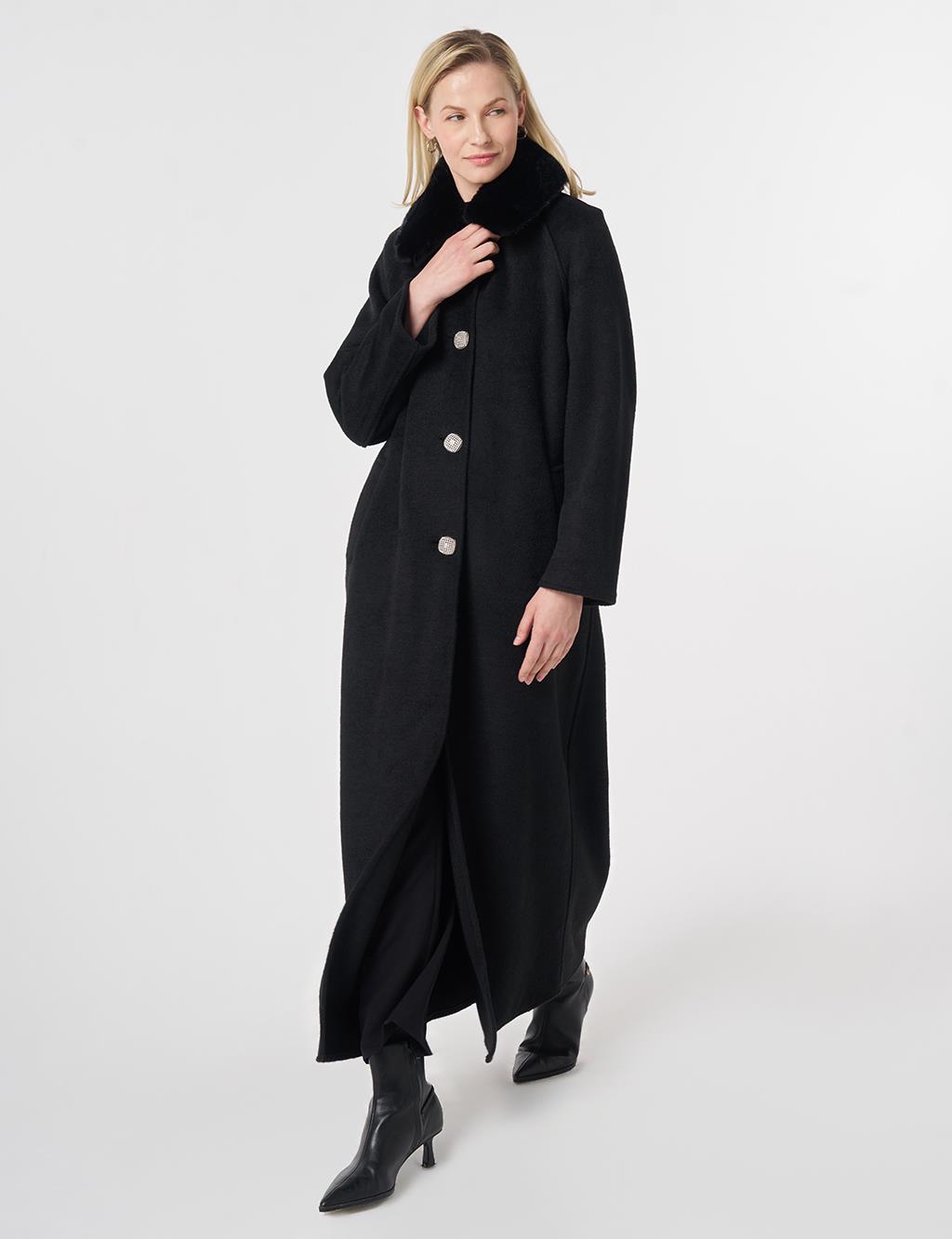 Long Wool Coat with Fur Collar Black