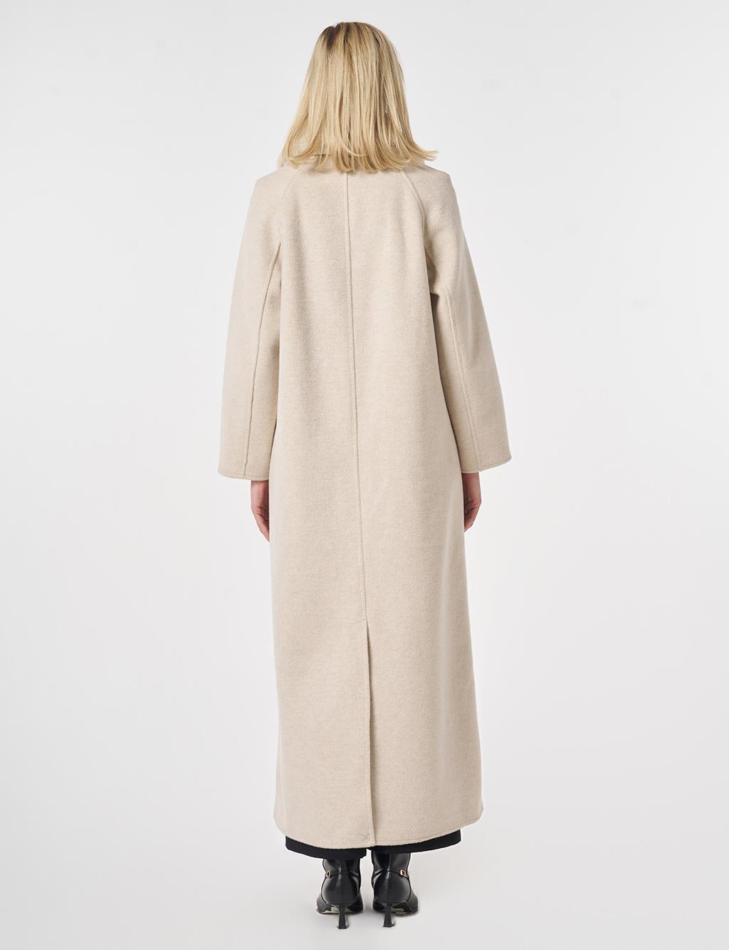 Long Wool Coat with Fur Collar Cream 