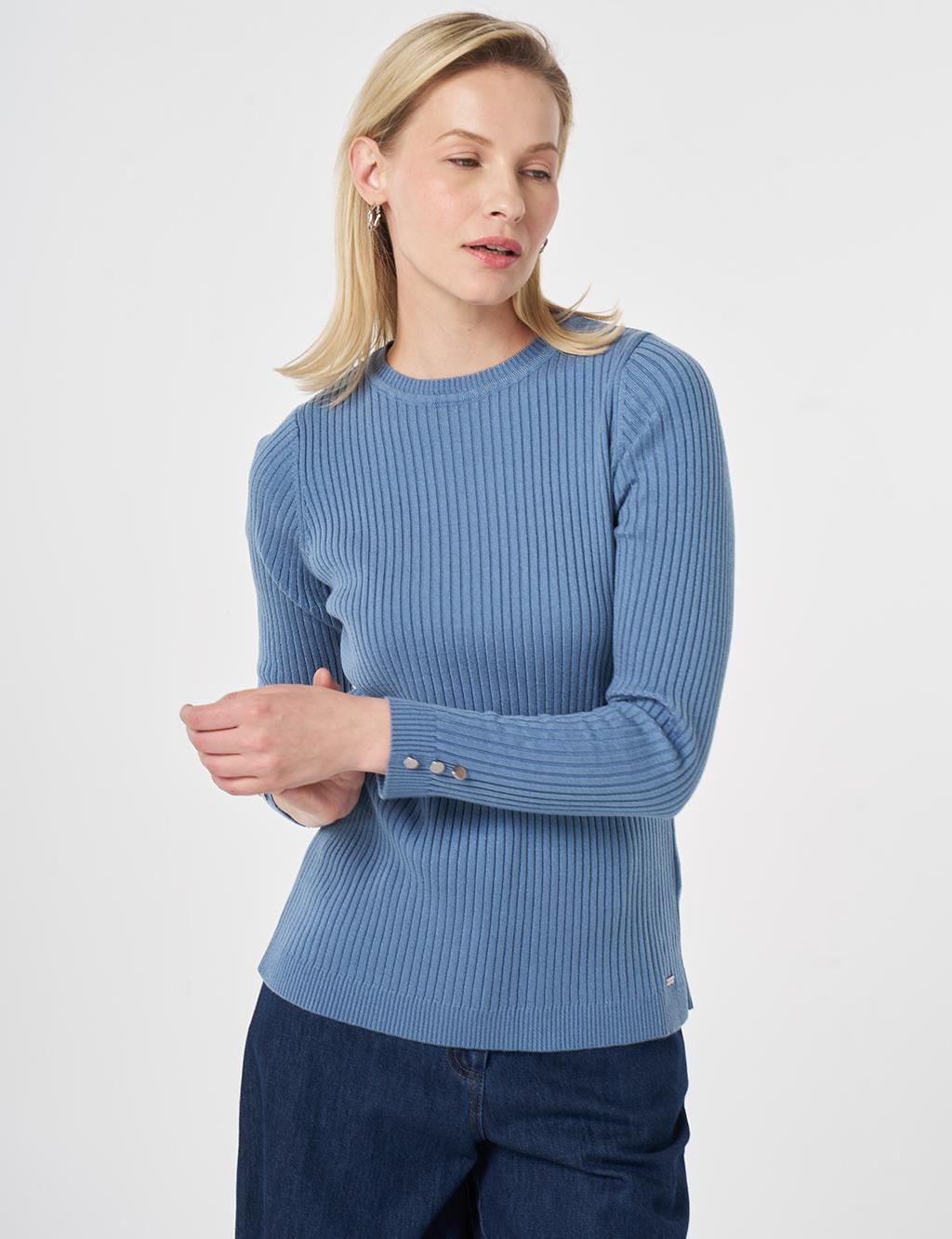 Zero Collar Ribbed Knitted Sweater Crown Blue