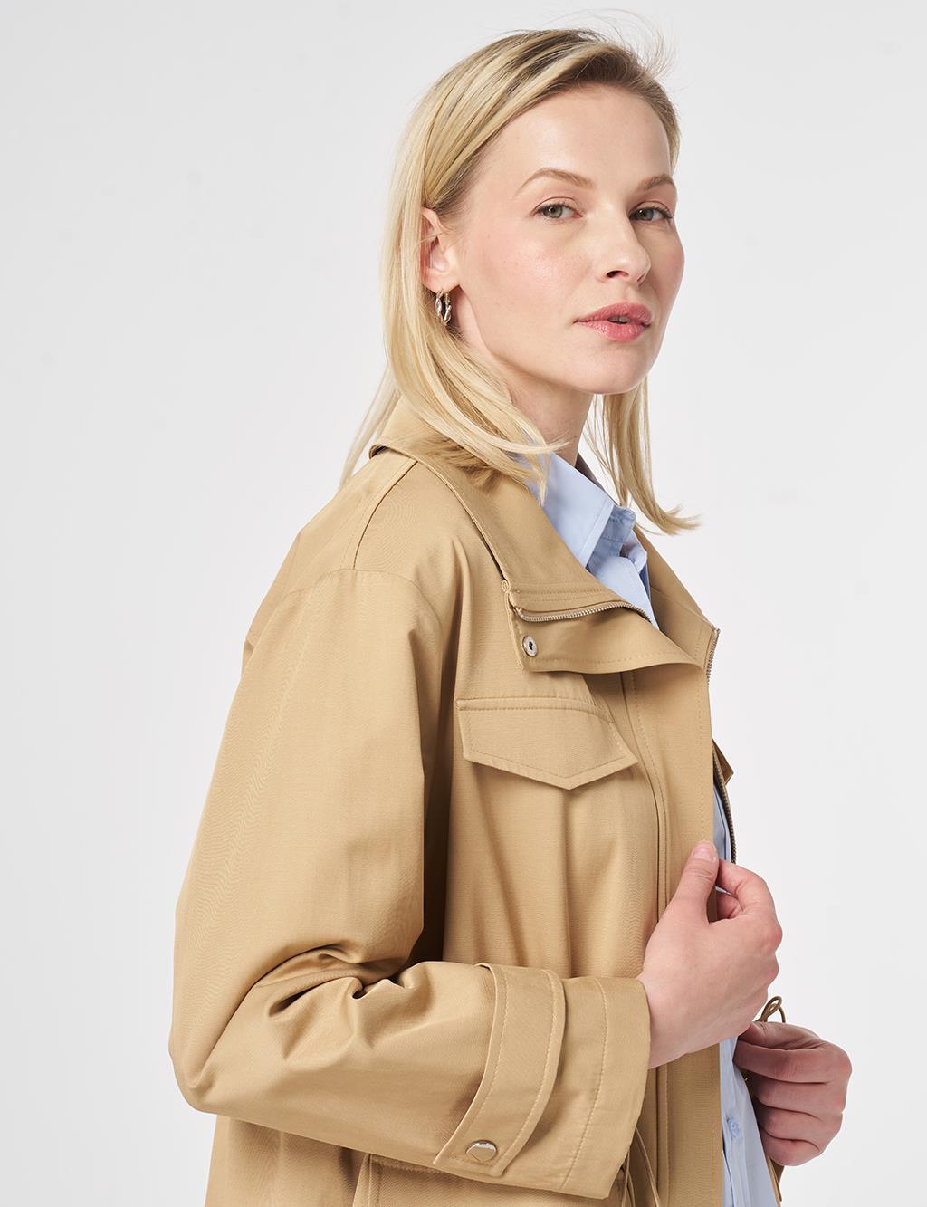 Stand Collar Flap-Pocket Detail Coat Beige