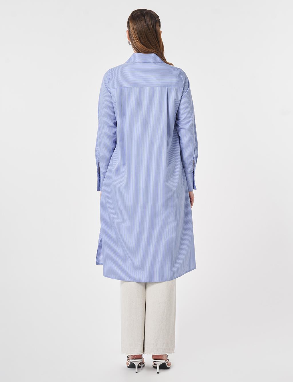 Beaded Embroidered Cotton Long Tunic Air Force Blue