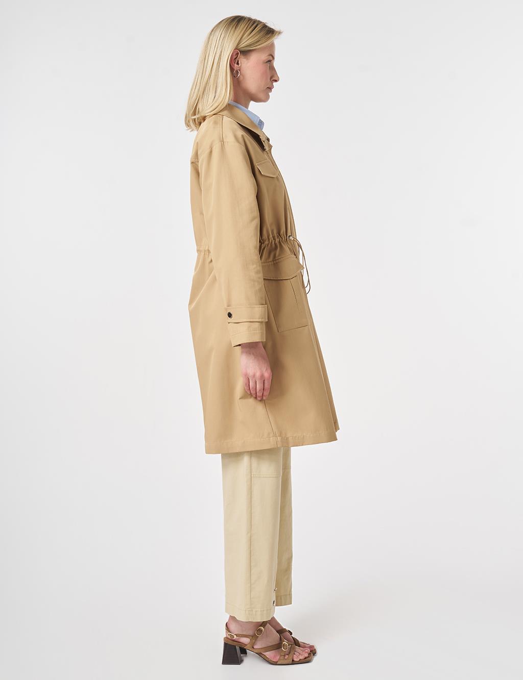 Stand Collar Flap-Pocket Detail Coat Beige