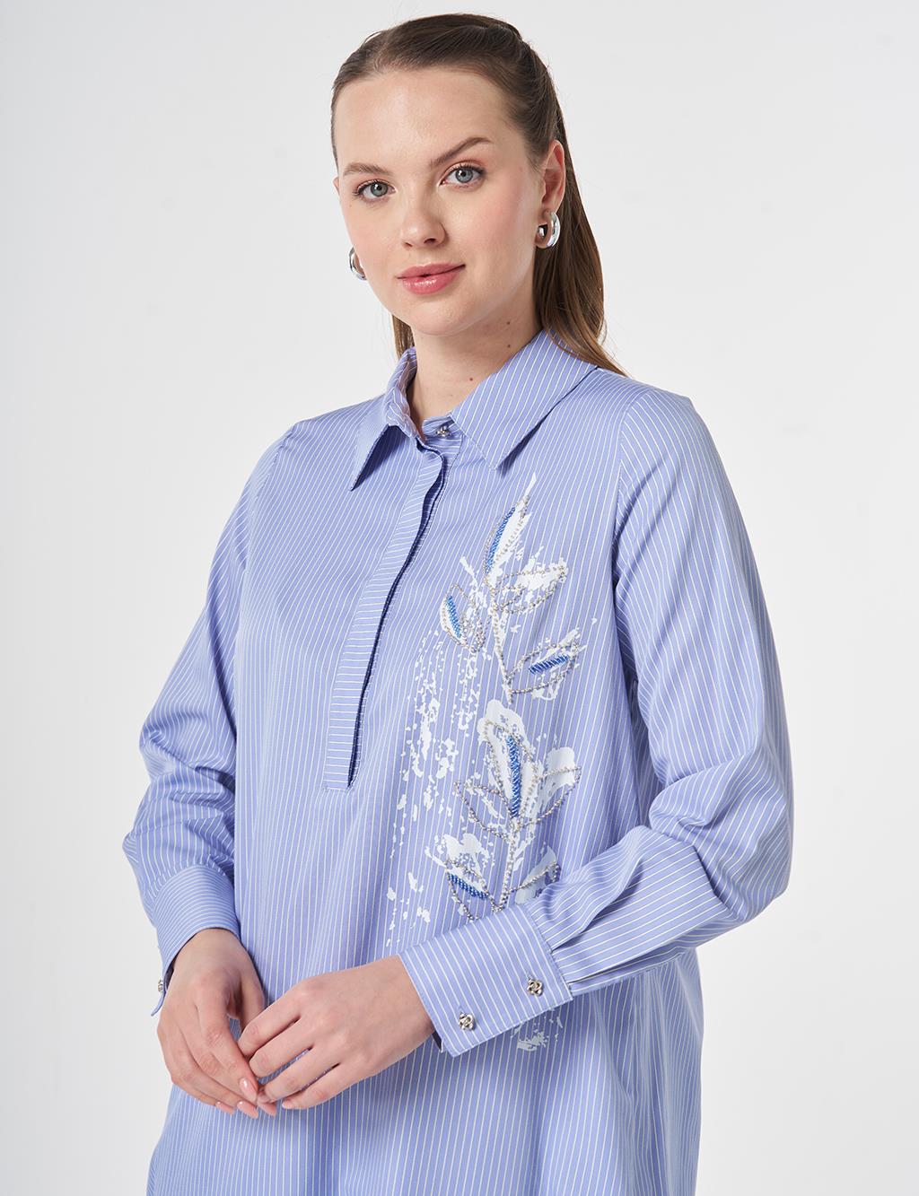 Beaded Embroidered Cotton Long Tunic Air Force Blue