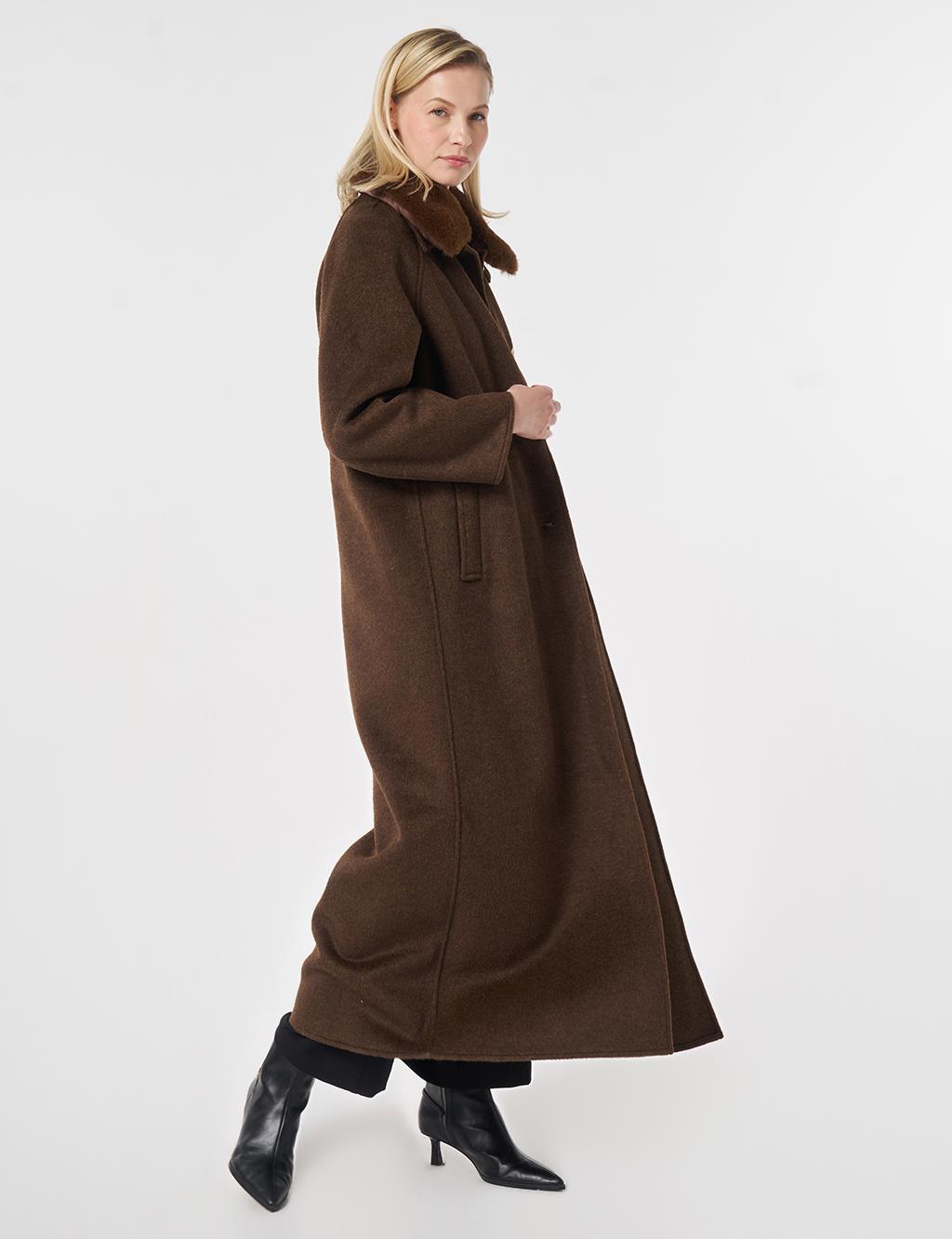Long Wool Coat with Fur Collar Dark Brown