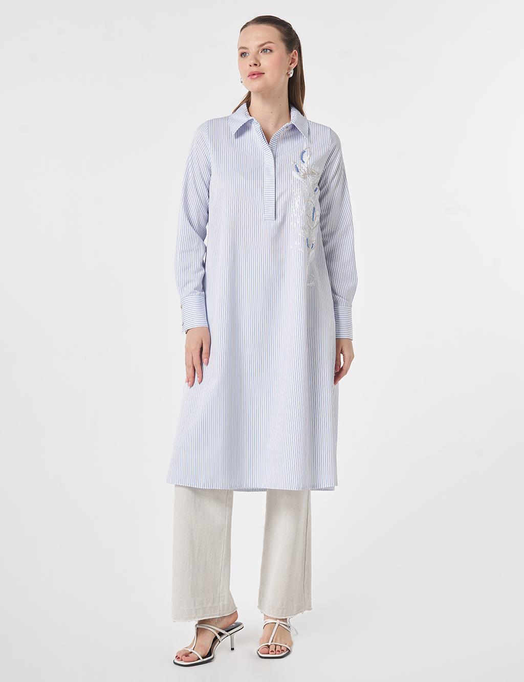Beaded Embroidered Cotton Long Tunic Optical White