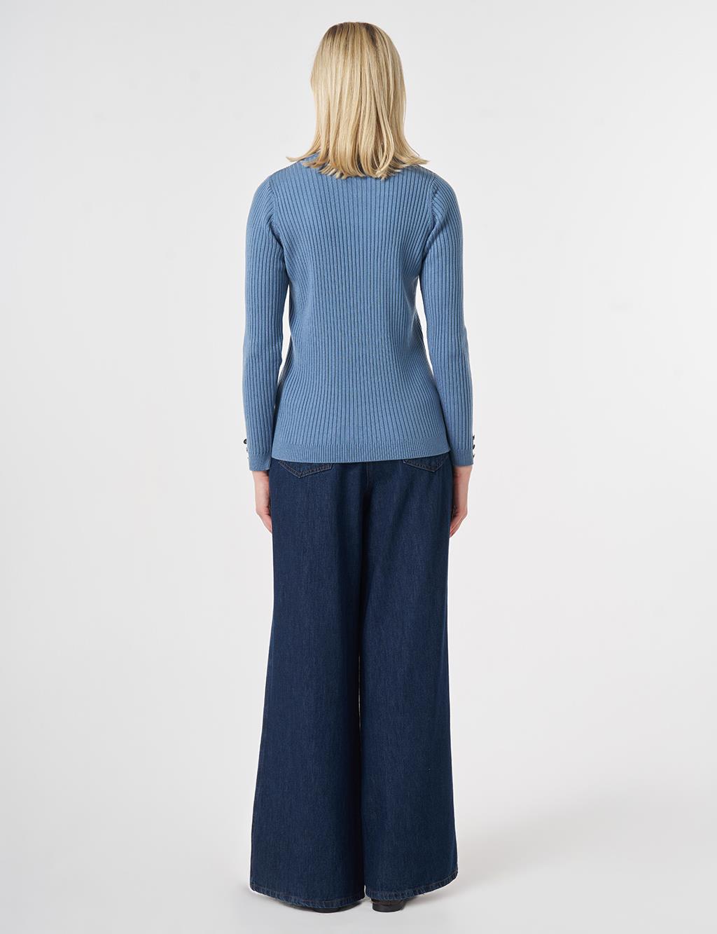Zero Collar Ribbed Knitted Sweater Crown Blue