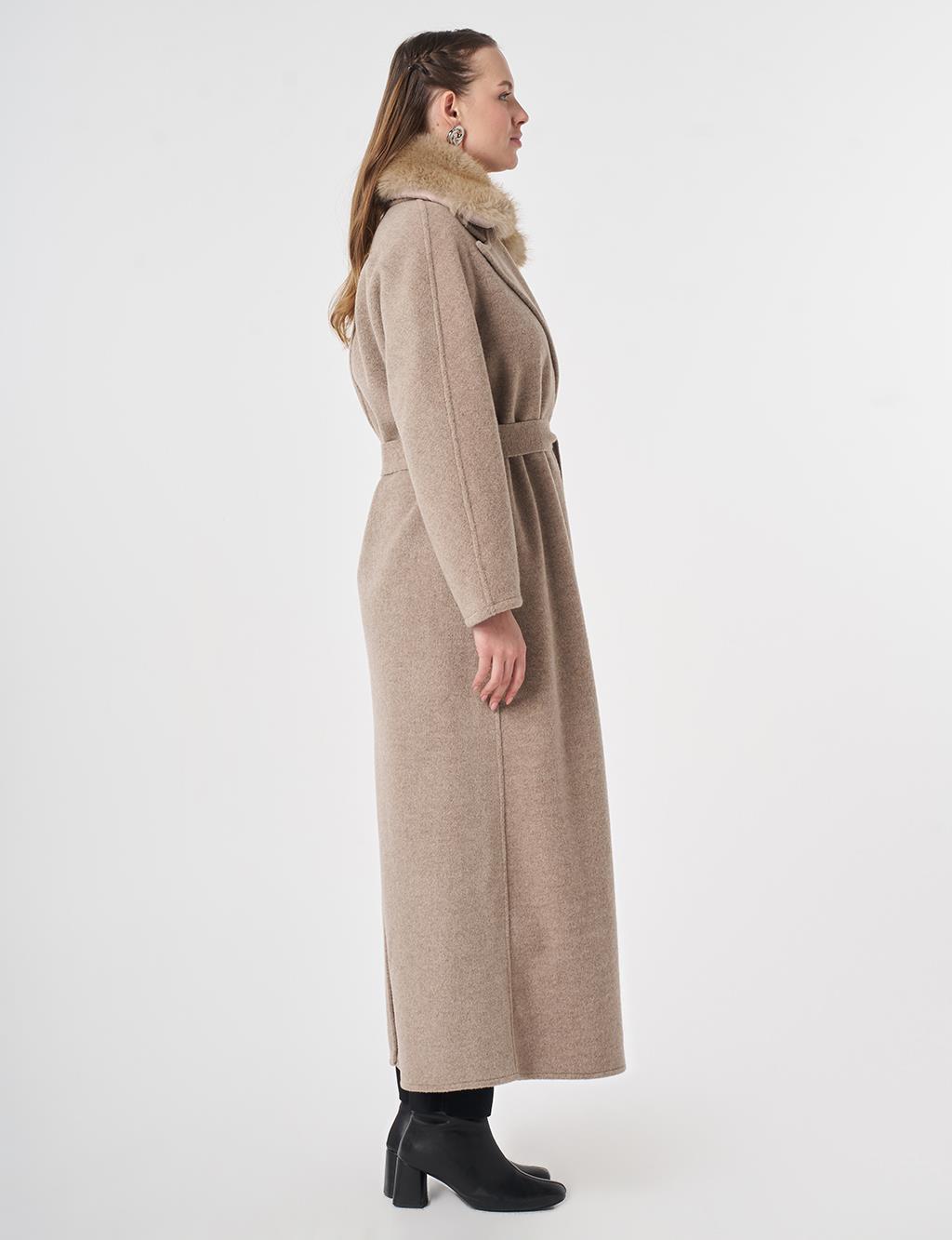 Detachable Faux Fur Collar Wool Coat in Dark Mink