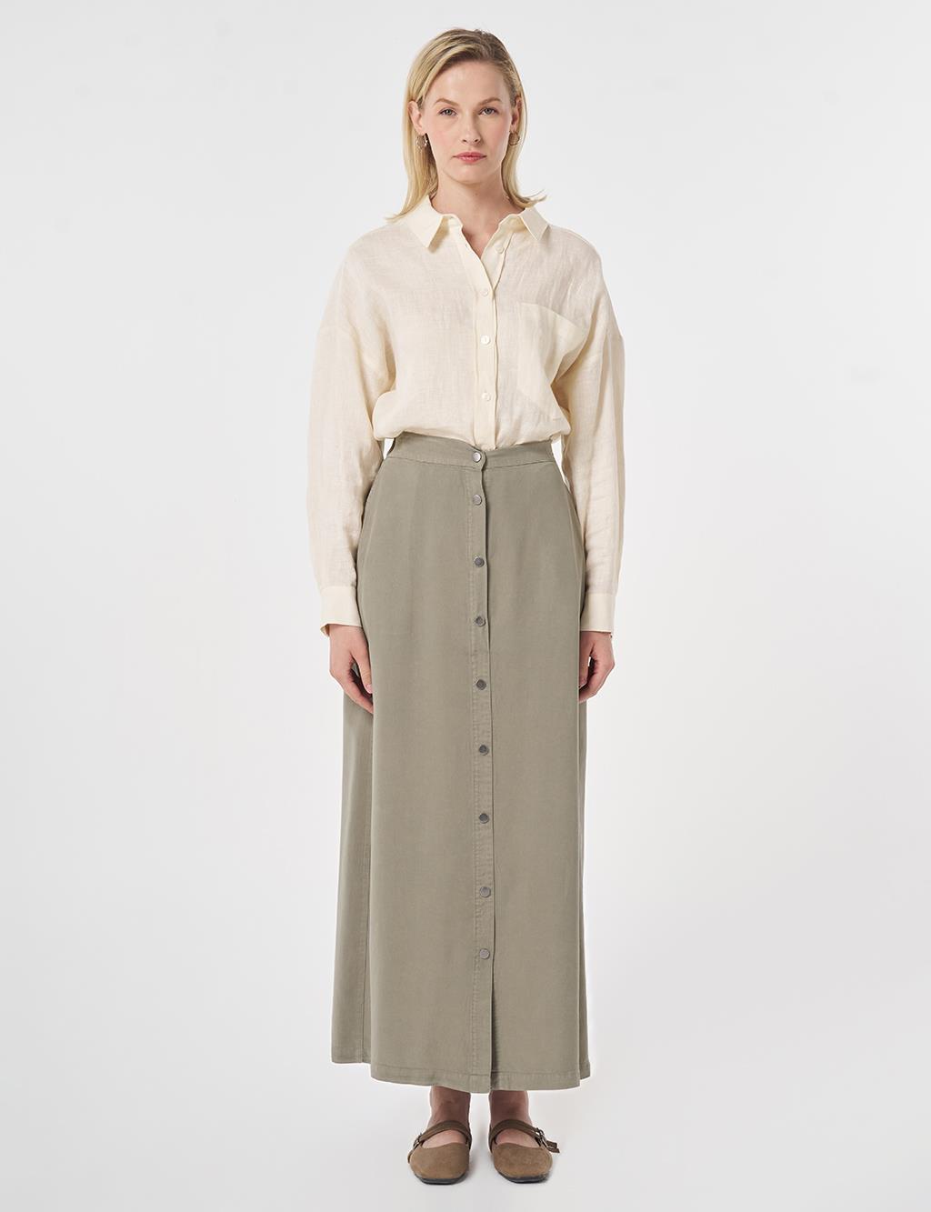 100% Lyocell Button Detail Skirt Khaki