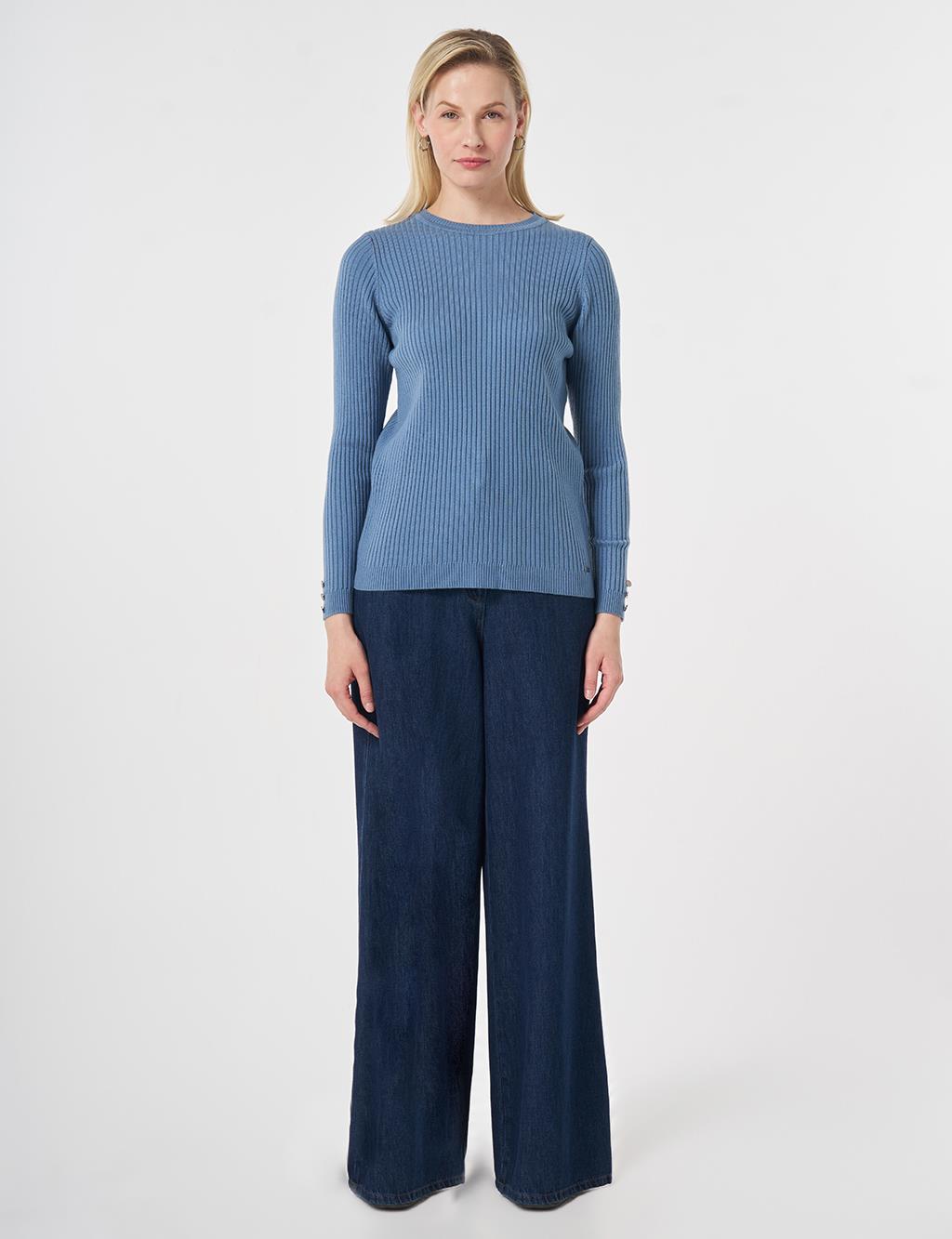 Zero Collar Ribbed Knitted Sweater Crown Blue