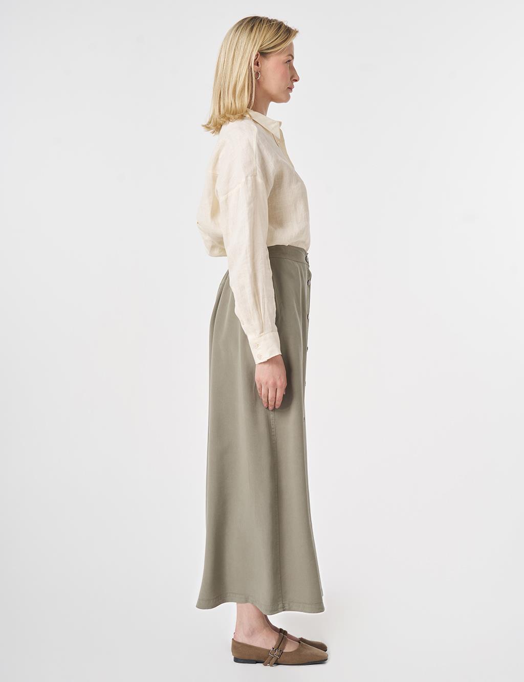 100% Lyocell Button Detail Skirt Khaki