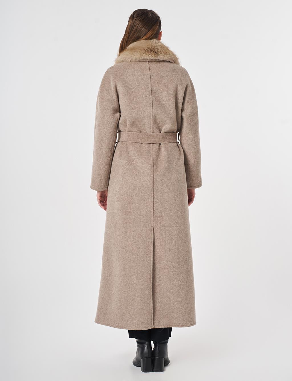 Detachable Faux Fur Collar Wool Coat in Dark Mink