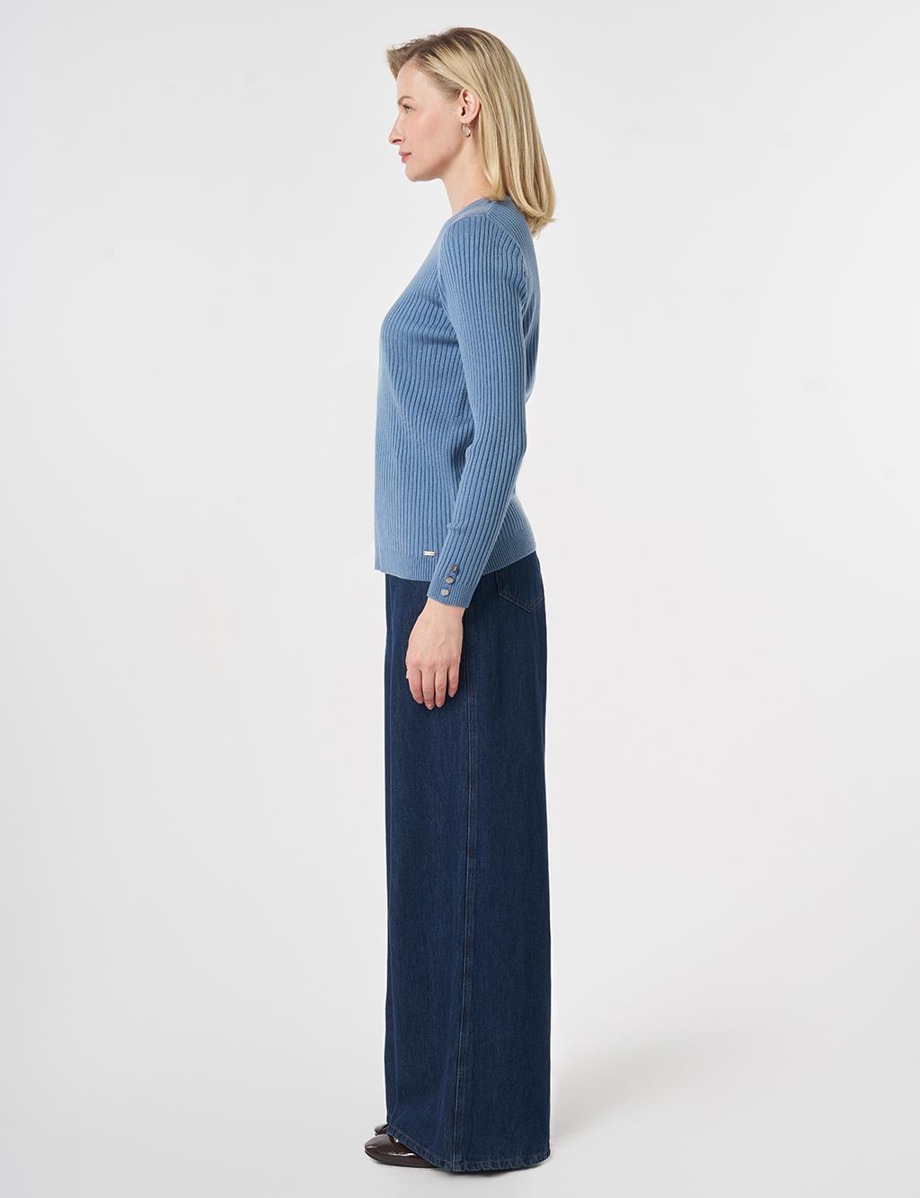 Zero Collar Ribbed Knitted Sweater Crown Blue