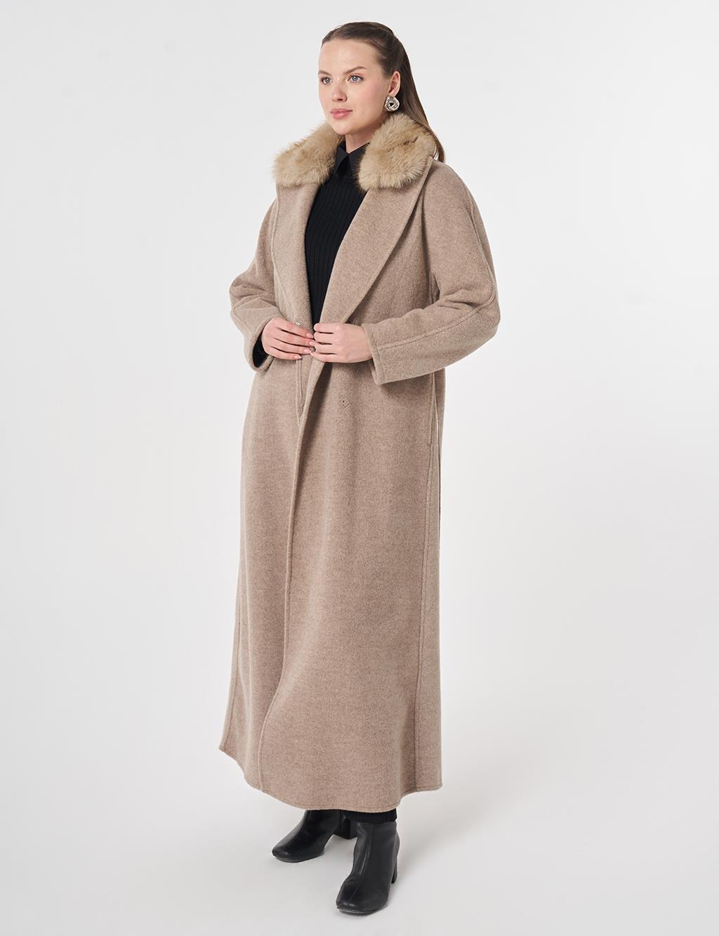Detachable Faux Fur Collar Wool Coat in Dark Mink