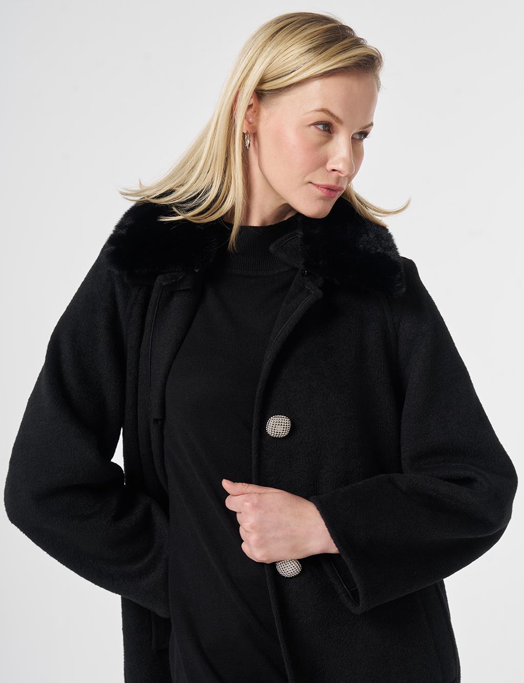 Long Wool Coat with Fur Collar Black