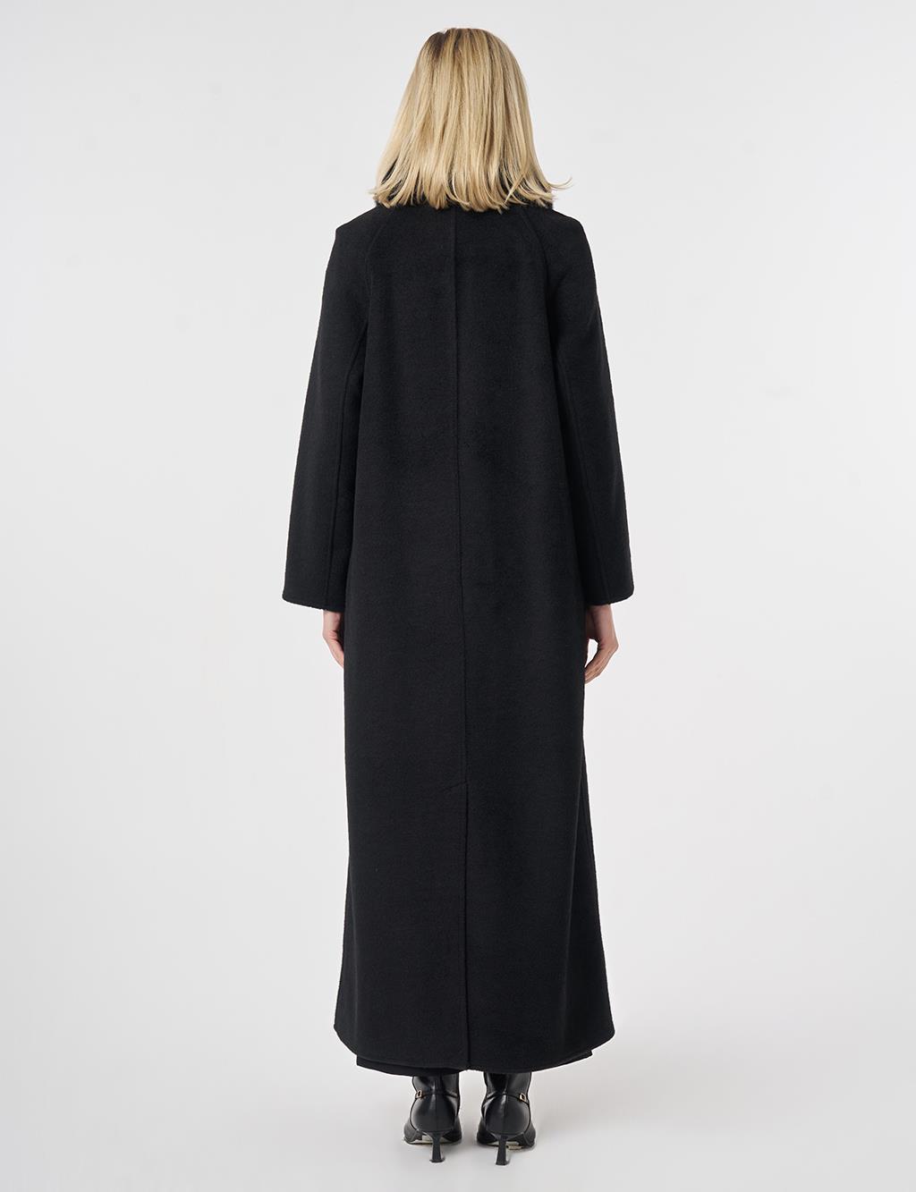 Long Wool Coat with Fur Collar Black