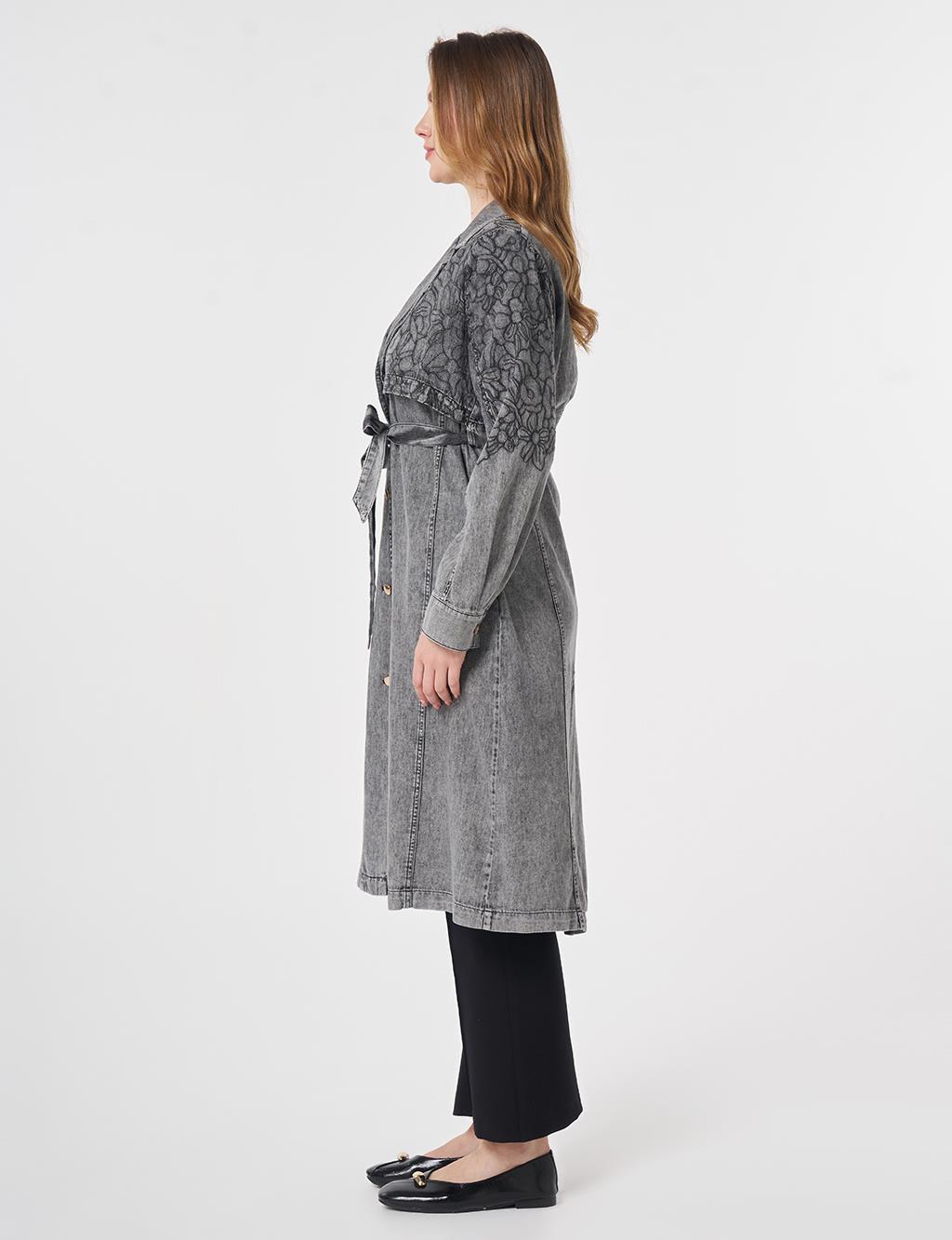 Embroidered Detail Denim Cape Anthracite