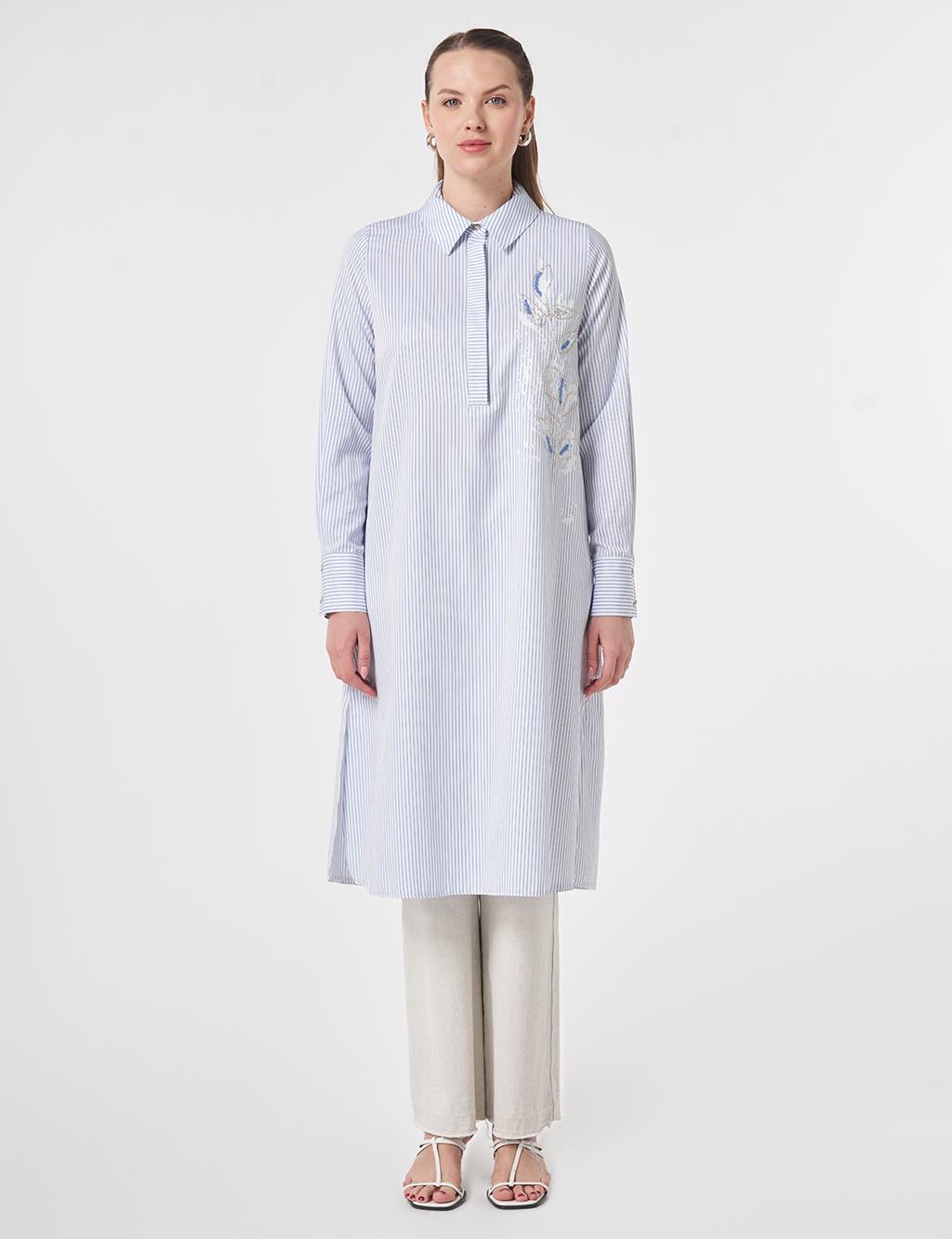 Beaded Embroidered Cotton Long Tunic Optical White