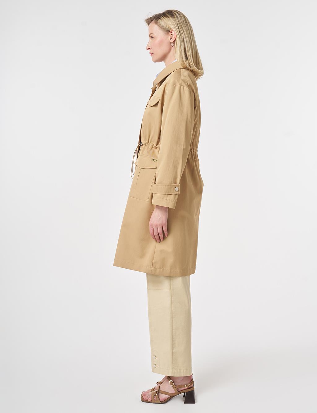 Stand Collar Flap-Pocket Detail Coat Beige