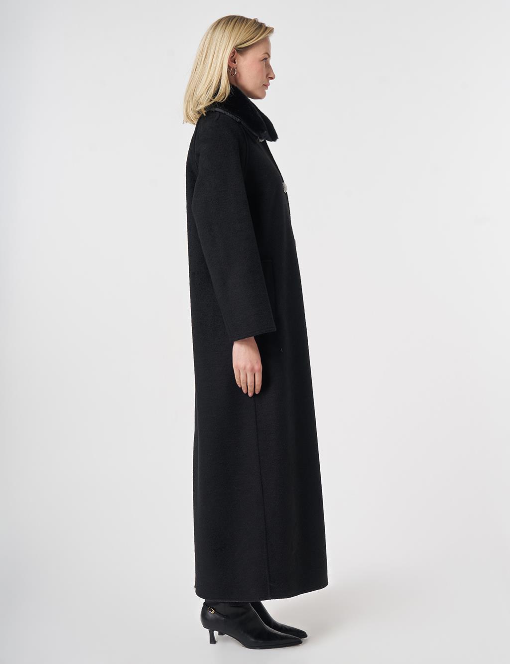 Long Wool Coat with Fur Collar Black