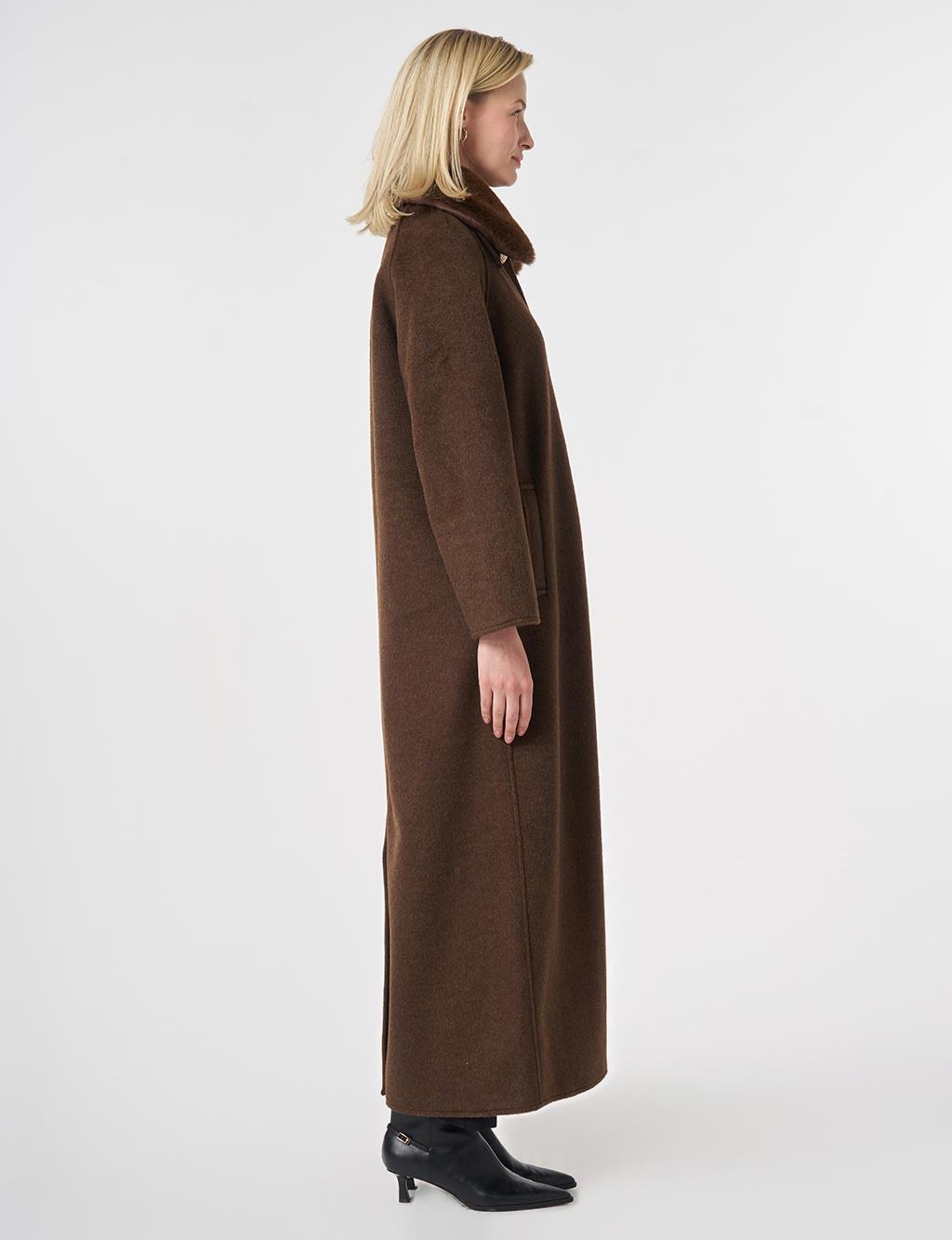Long Wool Coat with Fur Collar Dark Brown