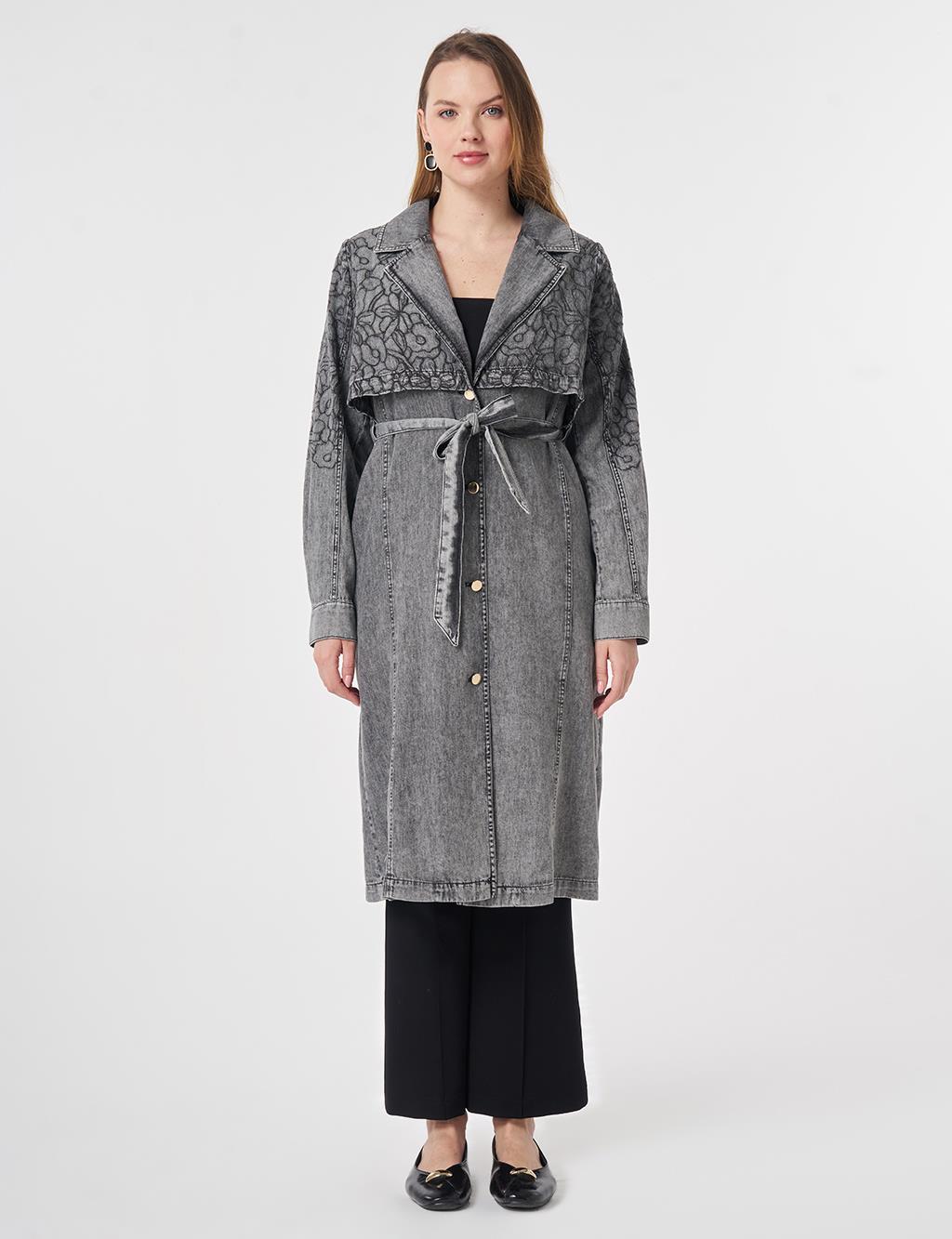 Embroidered Detail Denim Cape Anthracite