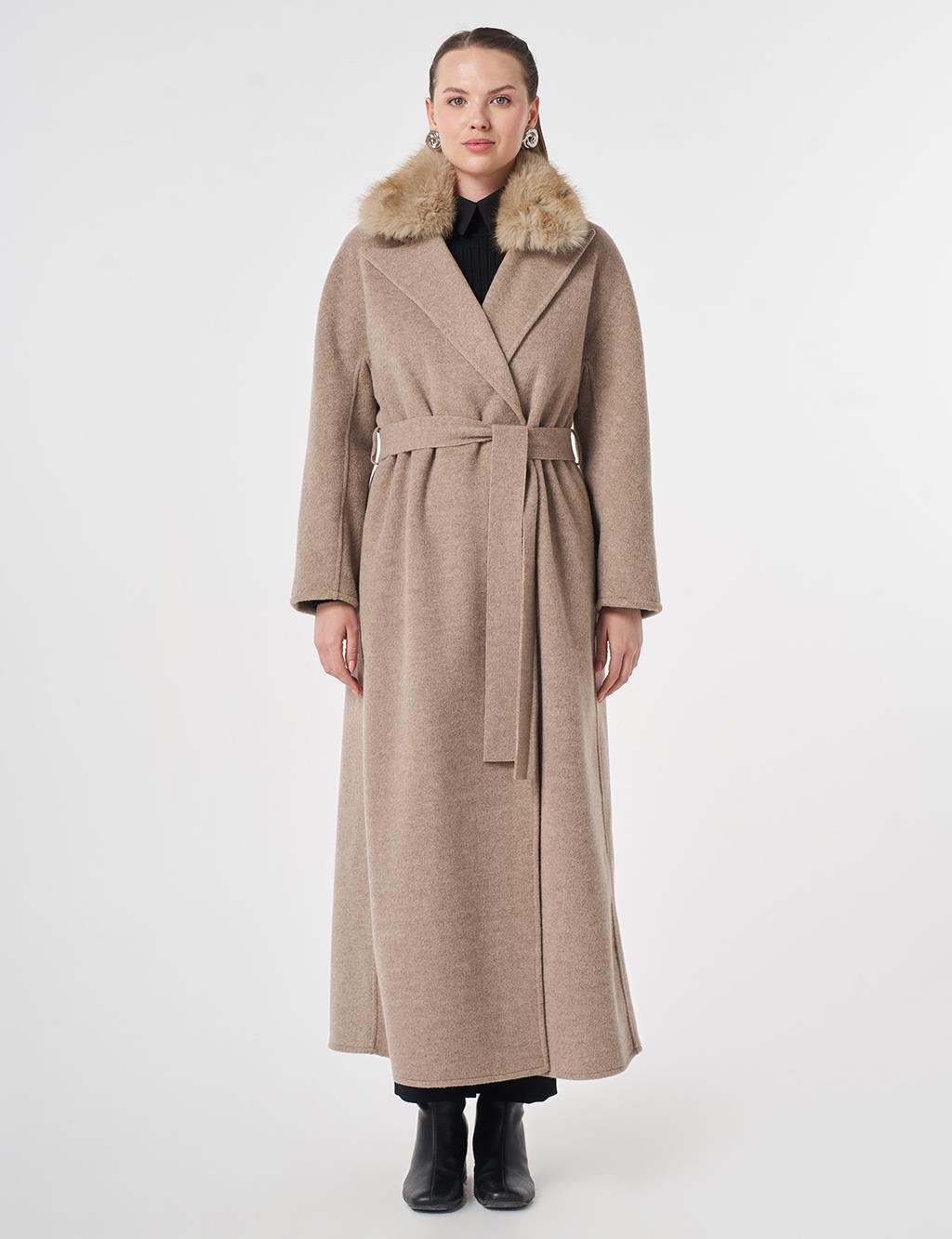Detachable Faux Fur Collar Wool Coat in Dark Mink
