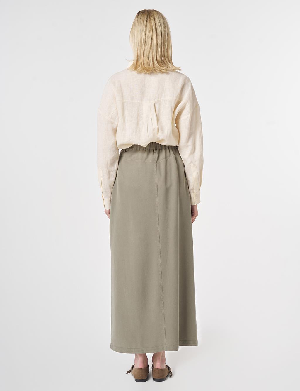 100% Lyocell Button Detail Skirt Khaki