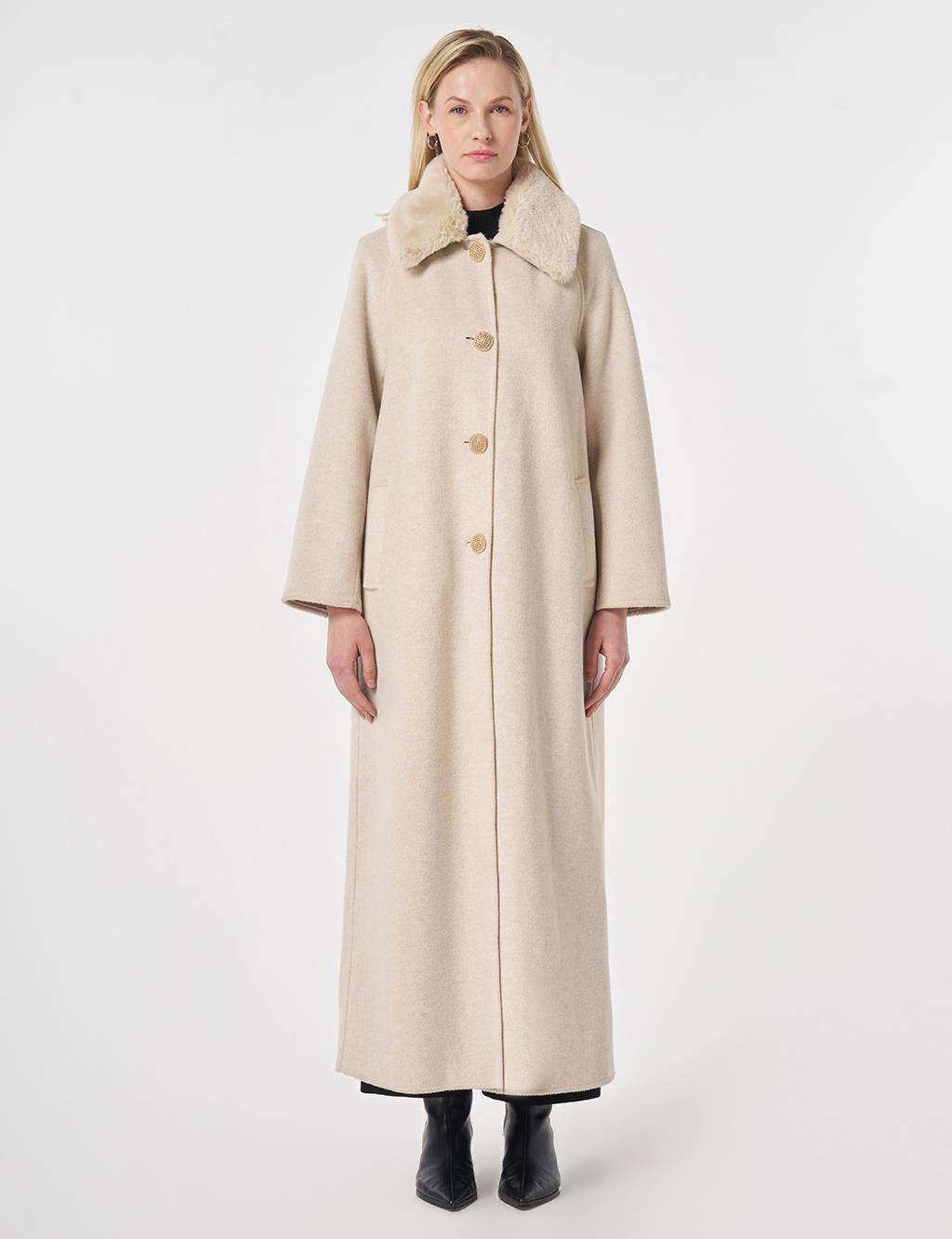 Long Wool Coat with Fur Collar Cream 