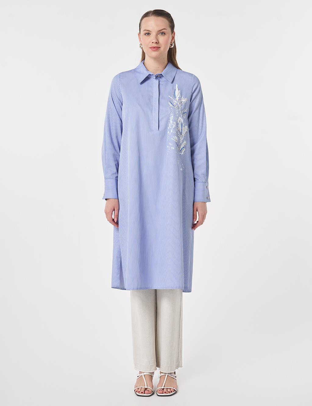 Beaded Embroidered Cotton Long Tunic Air Force Blue