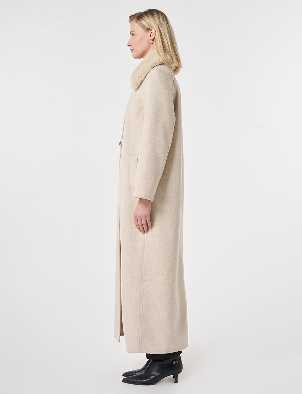 Long Wool Coat with Fur Collar Cream 