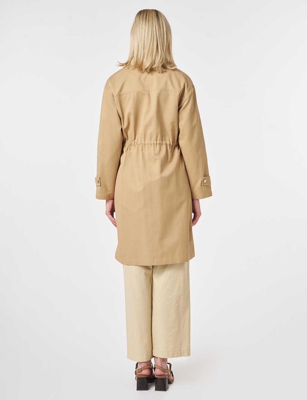 Stand Collar Flap-Pocket Detail Coat Beige