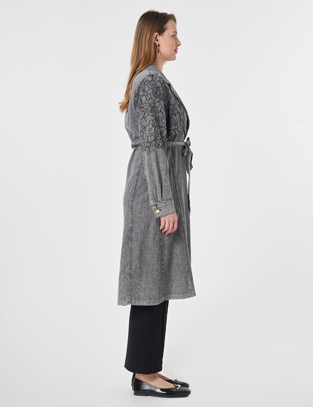 Embroidered Detail Denim Cape Anthracite