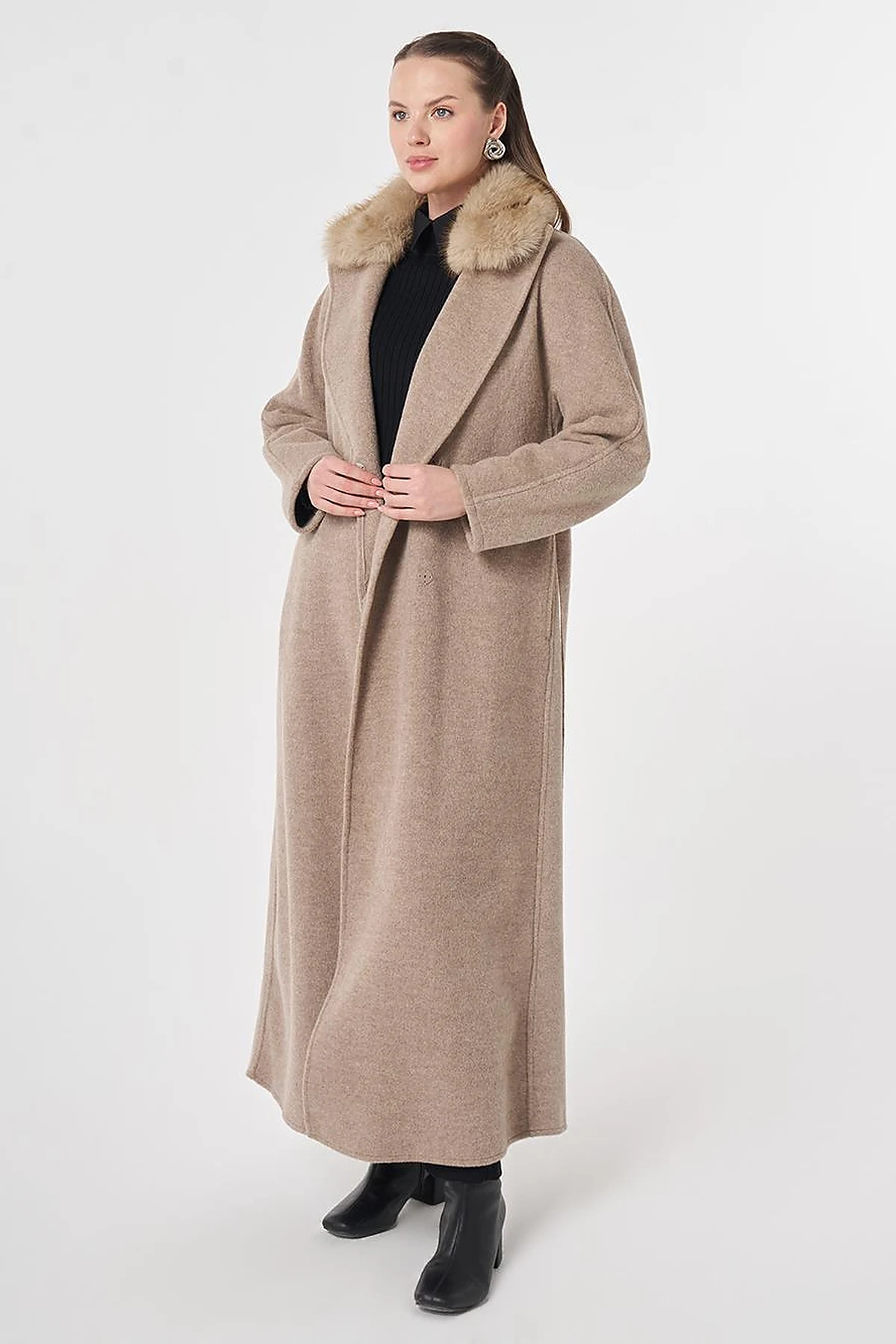 Detachable Faux Fur Collar Wool Coat in Dark Mink