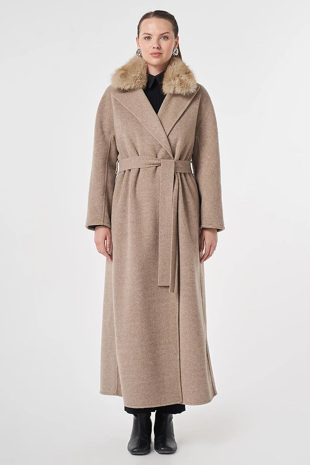 Detachable Faux Fur Collar Wool Coat in Dark Mink