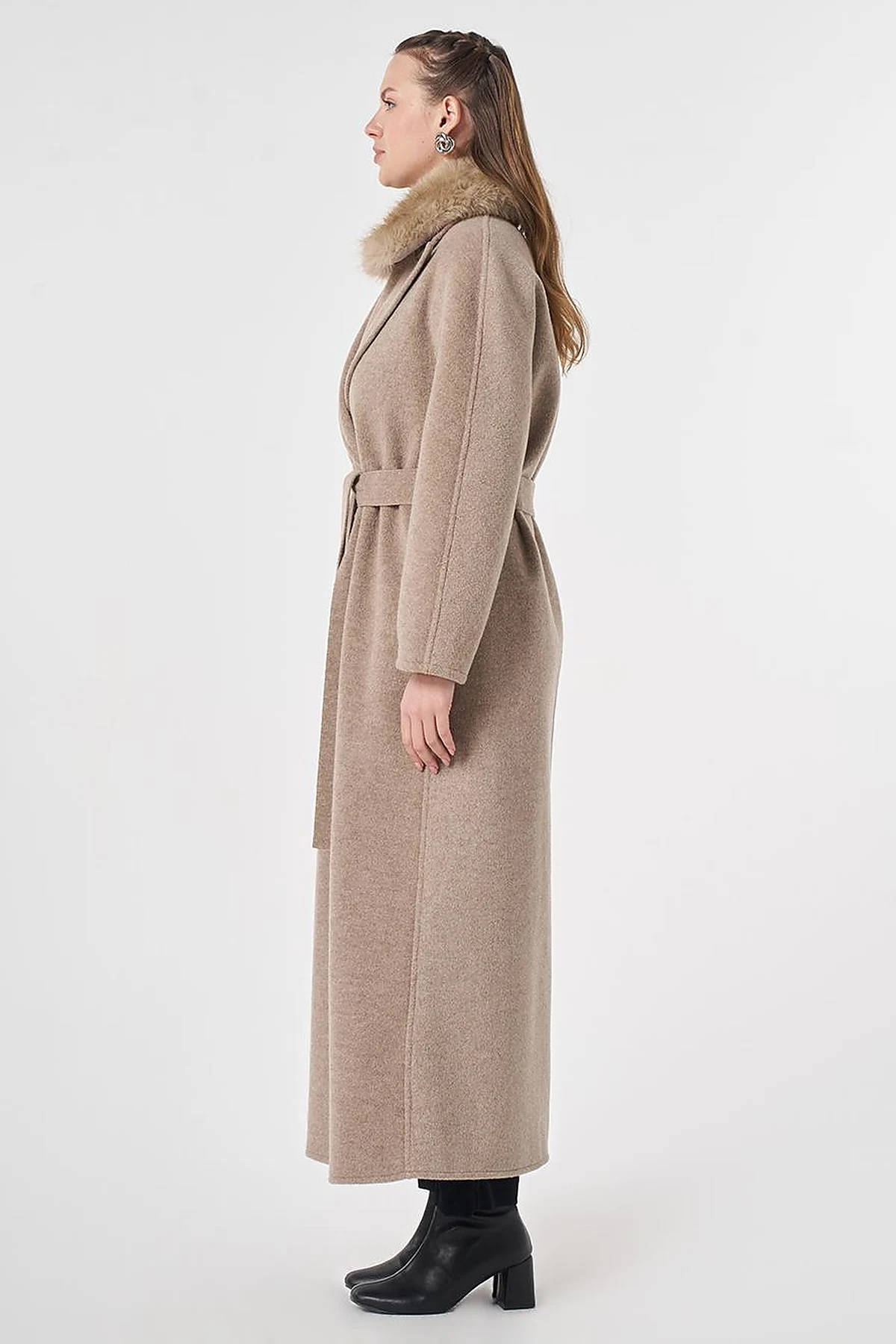 Detachable Faux Fur Collar Wool Coat in Dark Mink