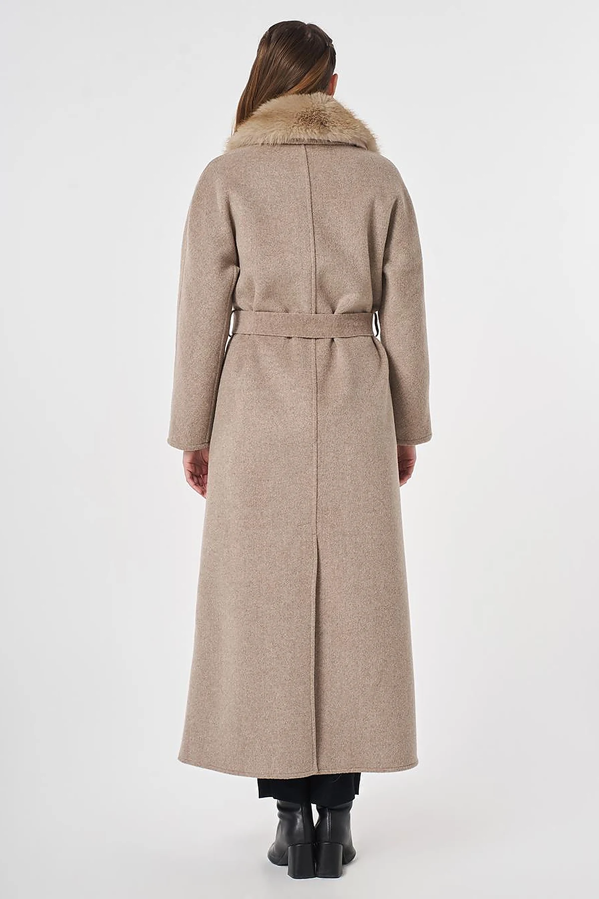 Detachable Faux Fur Collar Wool Coat in Dark Mink