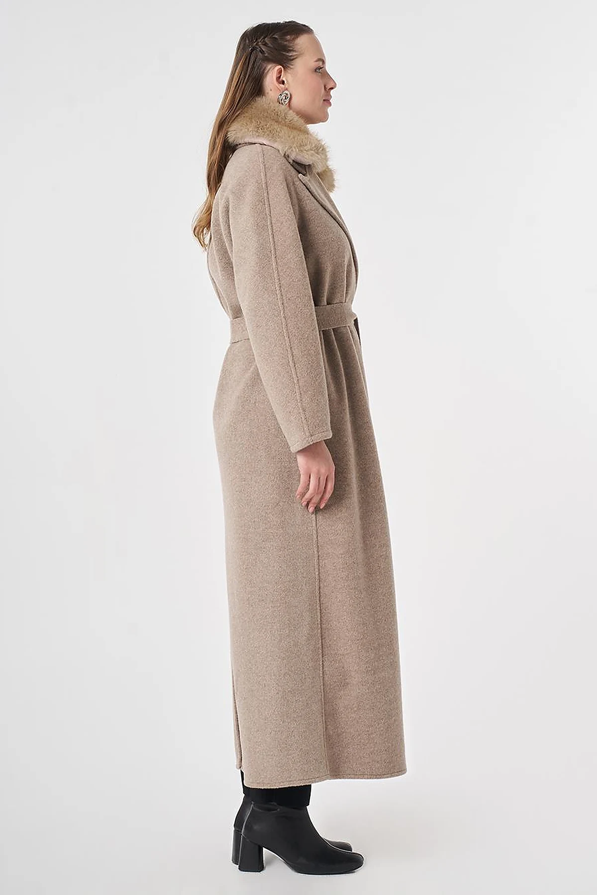 Detachable Faux Fur Collar Wool Coat in Dark Mink