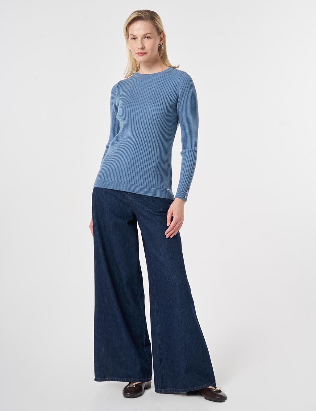 Zero Collar Ribbed Knitted Sweater Crown Blue