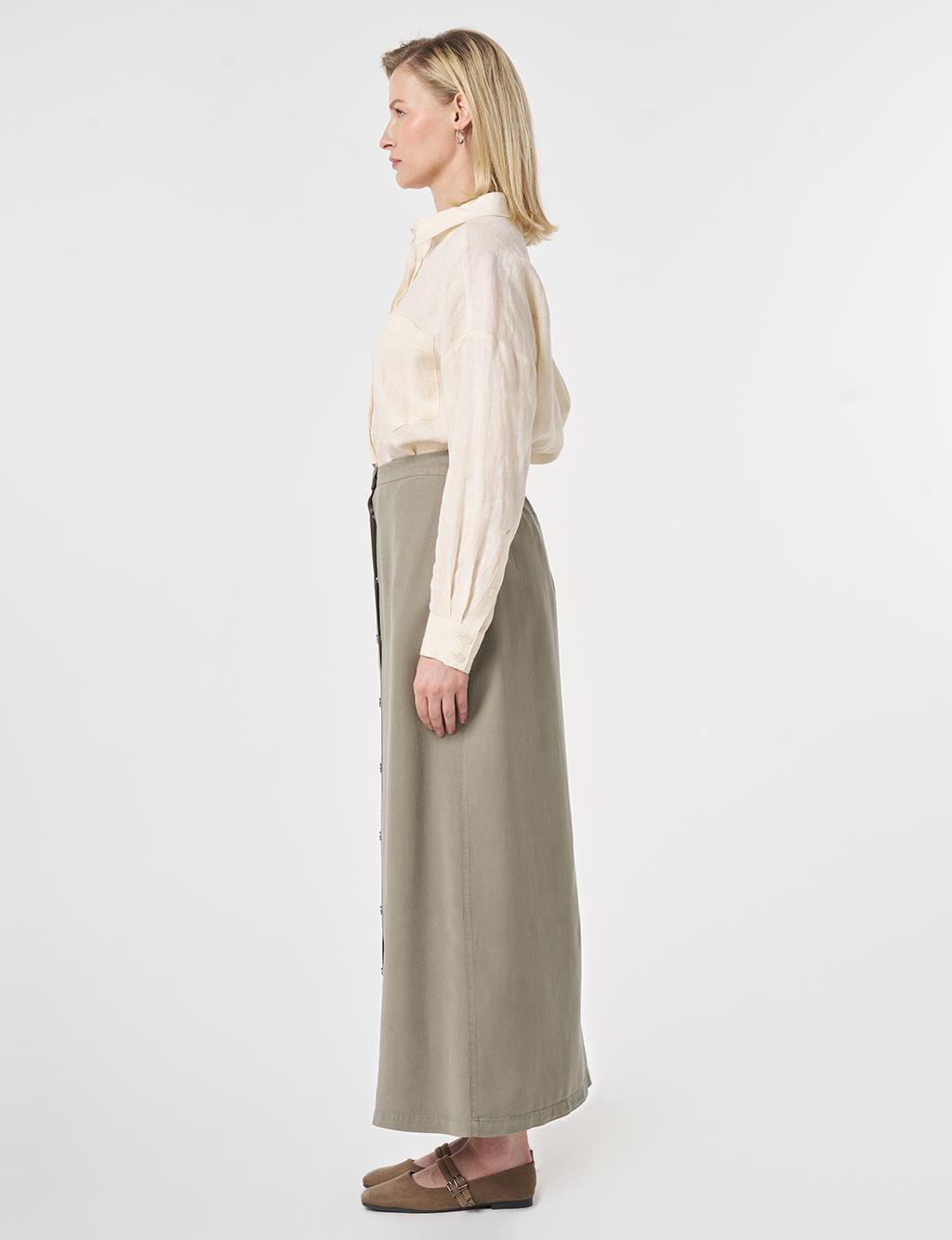 100% Lyocell Button Detail Skirt Khaki