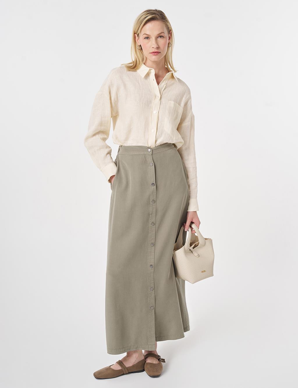 100% Lyocell Button Detail Skirt Khaki