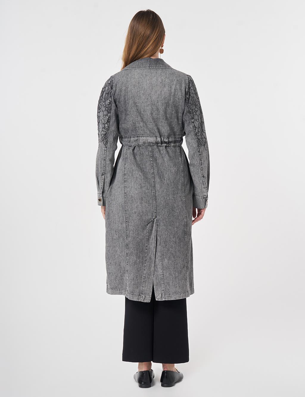 Embroidered Detail Denim Cape Anthracite