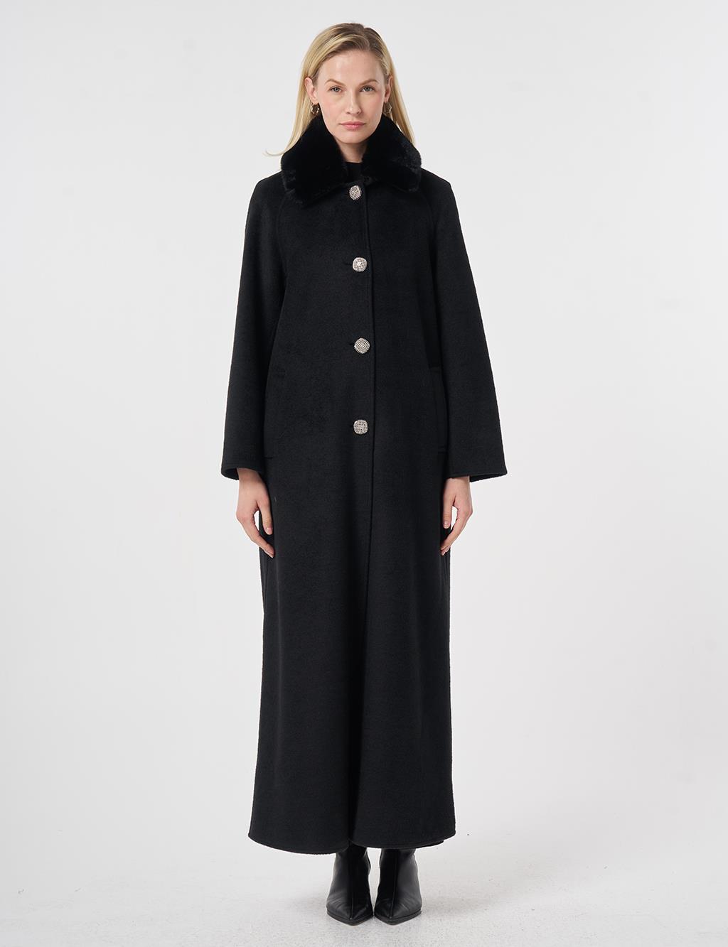 Long Wool Coat with Fur Collar Black